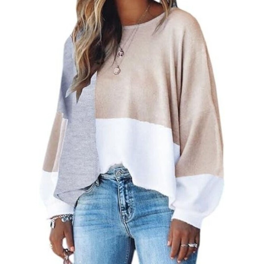 ECOWISH Women Color Block Oversized Sweater Tan Grey White Patchwork Knit Small